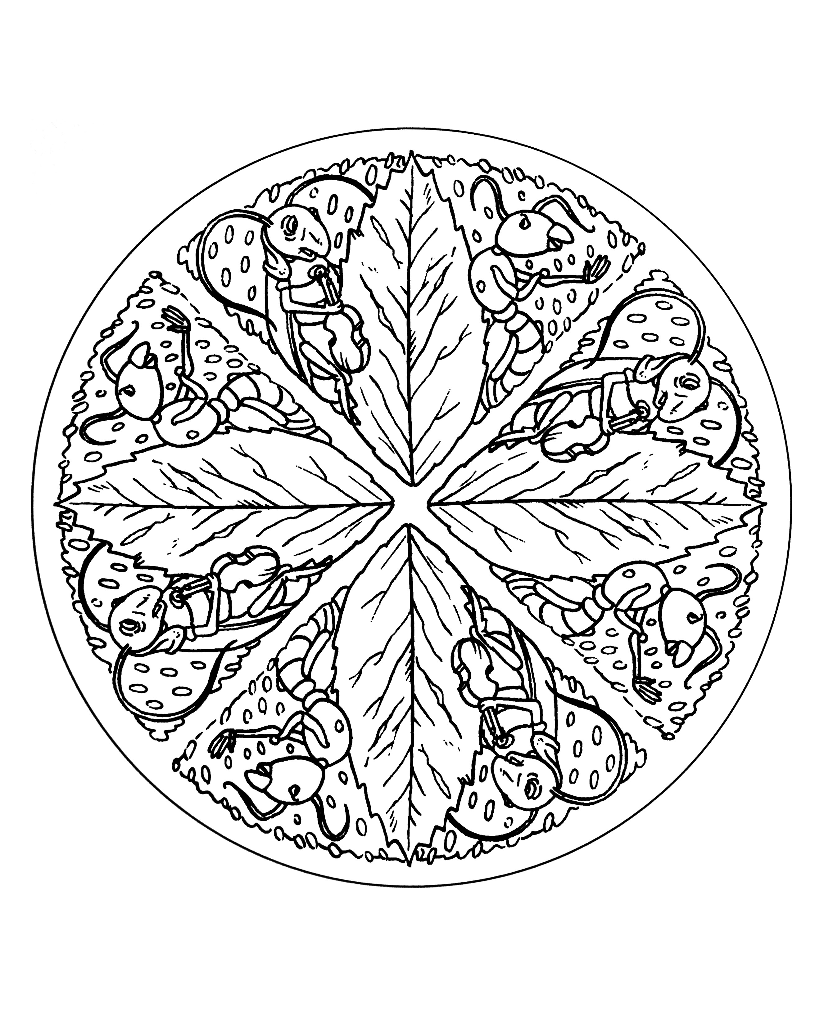 Mandala drawing with Ants and Leaves. A magnificent vegetation invades this magnificent Mandala : flowers, leaves ... Do whatever it takes to get rid of any distractions that may interfere with your coloring.